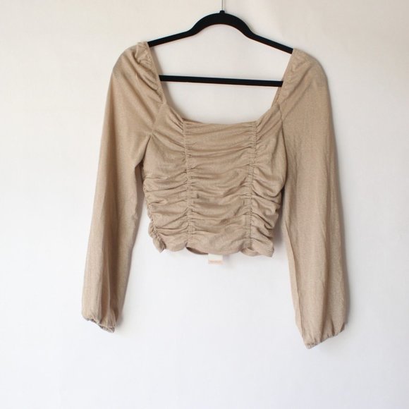 BCBGeneration Ruched Blouson Top Blouse Long Sleeve Shimmer Champagne NEW Small - Picture 4 of 4